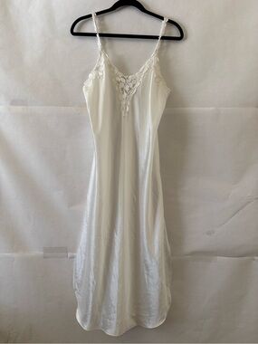 Vintage Dentelle White Satin Slip Dress Size M Midi Lace Trim Nightgown Bridal